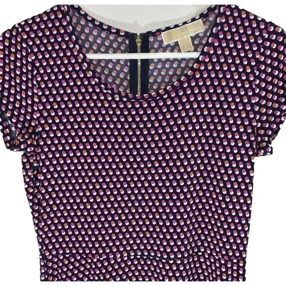 Michael Kors Medium Navy Blue Pink Circle Print Skater Dress - Picture 6 of 13